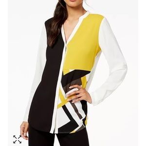 Alfani Colorblock Split Neck Button Down Blouse Large